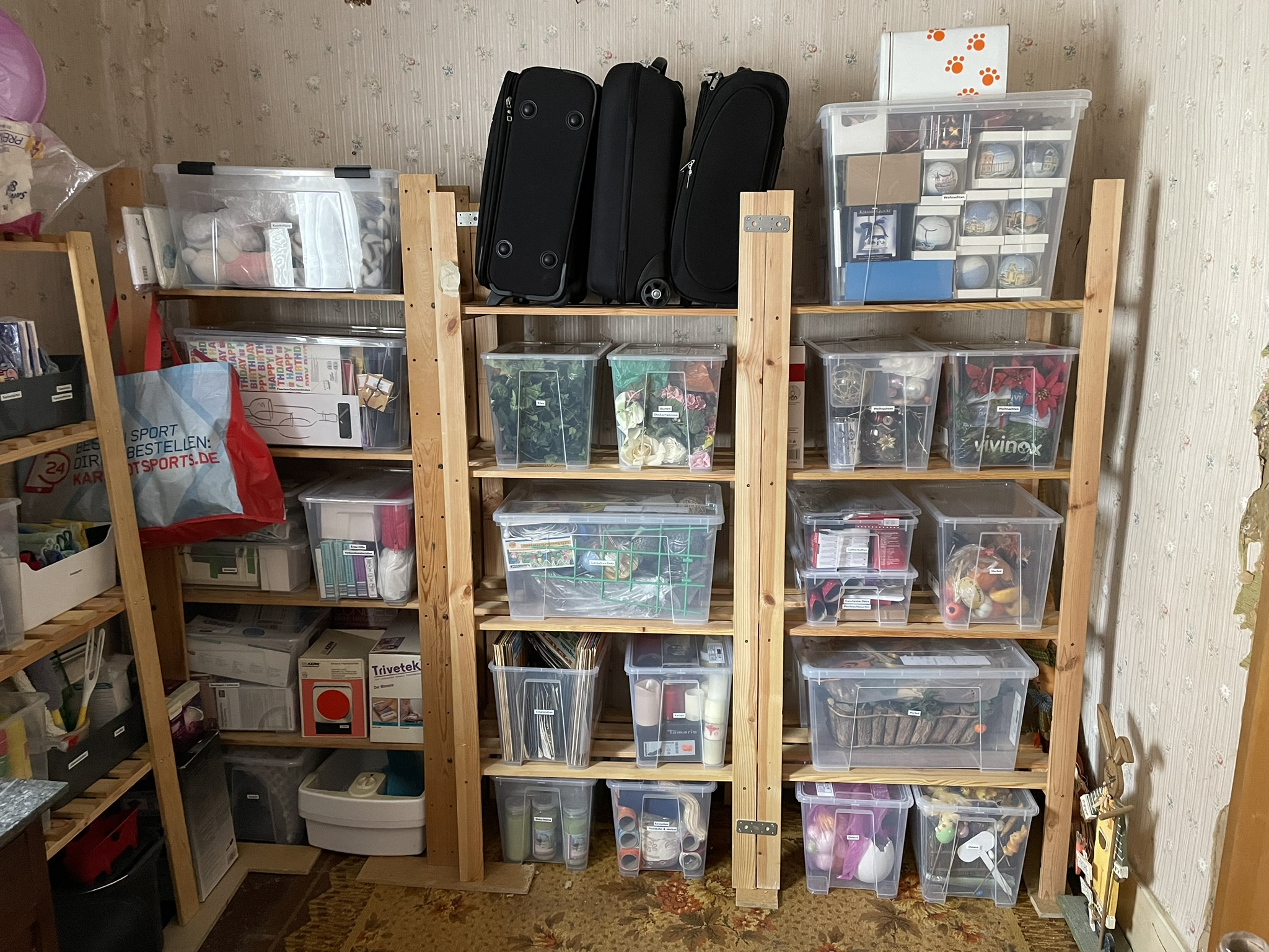 Organisierter Abstellraum mit Regalen und Deko in separierten Boxen