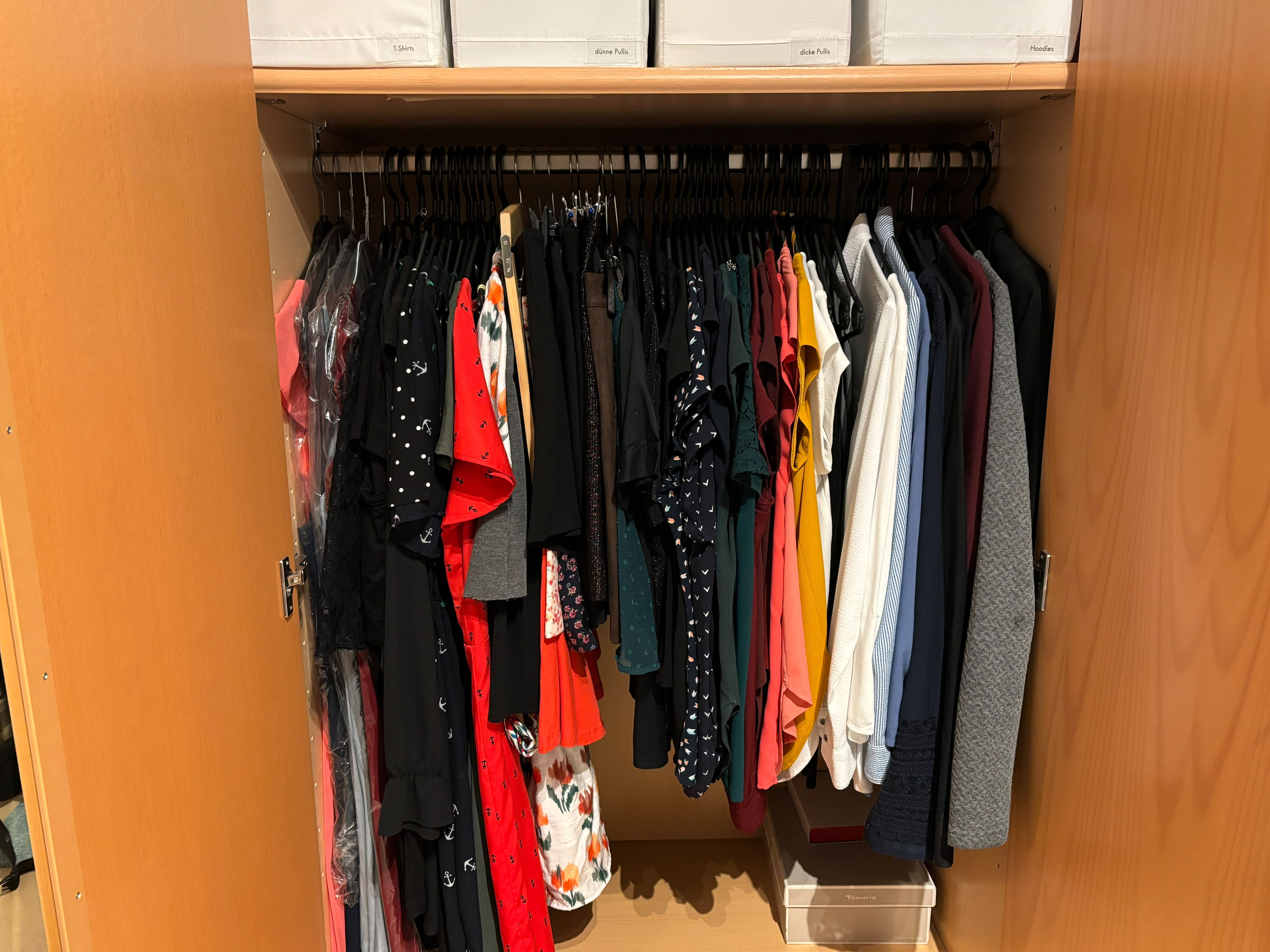 Organisierter Kleiderschrank mit Regalbrettern und Boxen für die vier Kategorien Tshirts, dünne und dicke Pullis und Hoodies